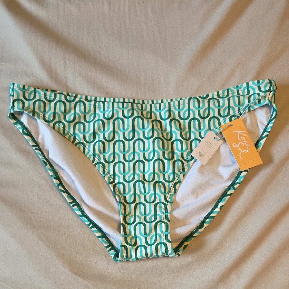 Kona Sol Teal and White Geometric Bikini Bottom